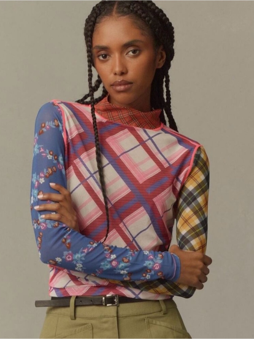 NWT CeliaB Lennox Top Sheer Mixed Print Mock Neck Long Sleeve Top Size XS